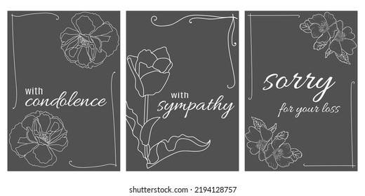 Condolence card set, inscription on a discreet card with flowers vector illustration