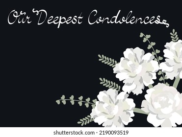 Condolence card. White peony flowers on dark table background. Vector illustration