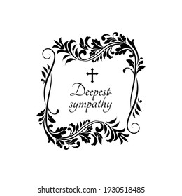 Condolence message on gravestone with vintage flower ornaments and crucifix cross. Vector funeral card template, obituary memorial, gravestone funeral lettering on tombstone, floral border frame svg