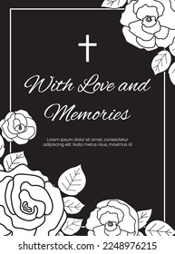 Condolence vector card template. Funeral frame with rose on black background. Sympathy card illustration