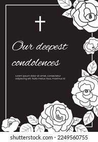 Condolence vector card template. Funeral frame with rose on black background. Sympathy card illustration