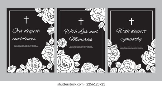 Condolence vector cards template set. Funeral frame with rose on black background. Sympathy card collection illustration