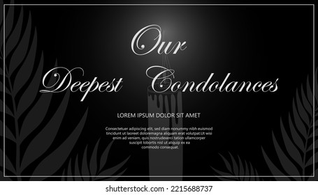 Condolences Card Template. Text, Branches, Candle. Horizontal Banner. Vector Illustration On The Black Background.