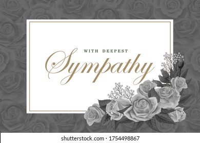 Condolences grayscale rose bouquets with white frame and golden text on a dark background. Save the date, sympathy, condolences or strict style postcard vector template