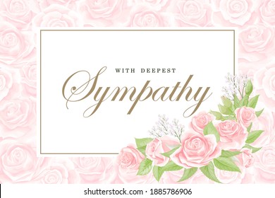 Condolences sympathy card floral cream pink rose bouquet with green leaves and golden lettering vector template