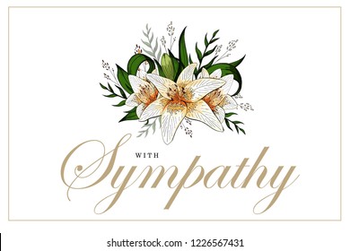 Condolences Sympathy Card Floral Lily Bouquet And Golden Lettering Vector Template