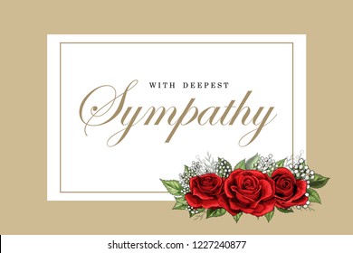 Condolences sympathy card floral red roses bouquet and golden lettering vector template