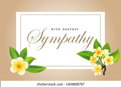 Condolences Sympathy Card Floral Yellow Frangipani Or Plumeria Bouquet With Green Leaves And Golden Lettering Vector Template