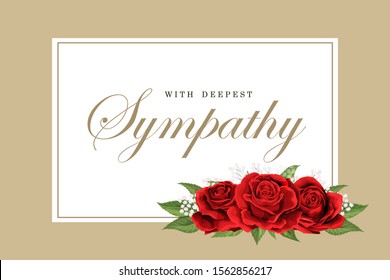 Condolences Sympathy Card Or Strict Style Postcard Vector Template. Floral Red Roses Bouquet And Golden Lettering