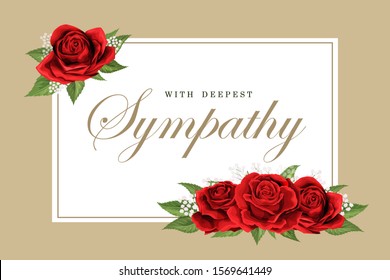 Condolences sympathy card or strict style postcard vector template. Floral red roses bouquet and golden lettering