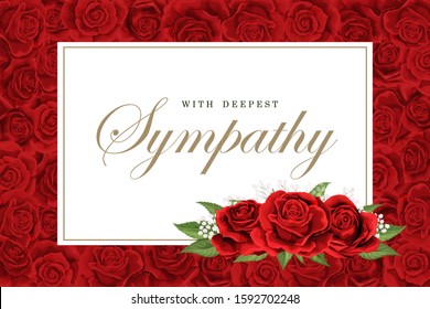 Condolences sympathy card or strict style postcard vector template. Invitation frame with scarlet red roses bouquet and golden lettering