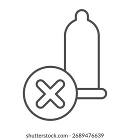 Condom ban thin line icon, protection concept. Vector graphics. Rubber with close button, forbidden item sign on white background, outline style icon for mobile or web design