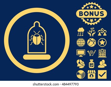 Condom Bug icon with bonus design elements. Vector illustration style is flat iconic symbols, yellow color, blue background.