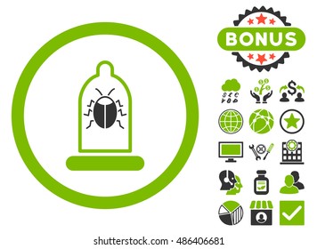 Condom Bug icon with bonus images. Vector illustration style is flat iconic bicolor symbols, eco green and gray colors, white background.