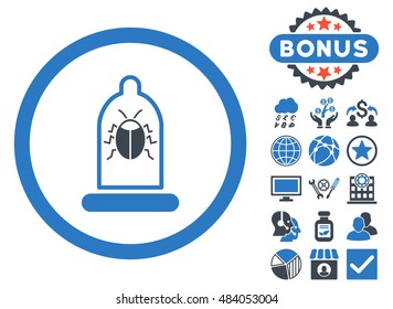Condom Bug icon with bonus pictogram. Vector illustration style is flat iconic bicolor symbols, smooth blue colors, white background.