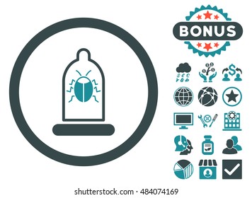Condom Bug icon with bonus pictures. Vector illustration style is flat iconic bicolor symbols, soft blue colors, white background.
