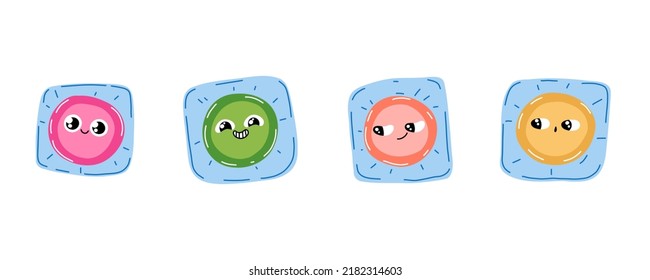 Condom cartoon character. Cartoon packed condoms. Safe sex, contraception. Cute emoji preservative. Vector illustration set on a white background.