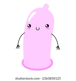 Zeichentrickfigur von Kondom. Schluss mit AIDS! Sicherer Sex, Empfängnisverhütung. Cute lustige kawaii Emoji Konservierungsmittel. Vektorgrafik einzeln auf weißem Hintergrund.