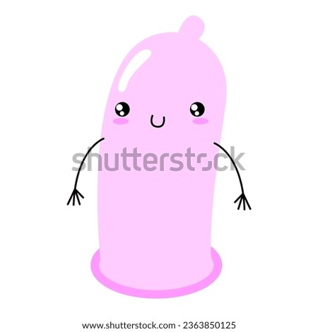 Condom cartoon character. Stop AIDS. Safe sex, contraception. Cute funny kawaii emoji preservative. Vector illustration isolated on a white background.