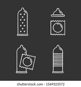 Condom chalk icons set. Safe sex. Female latex reusable contraceptive with dots in package. Preservative method. Pregnancy prevention, STI risk precaution. Isolated vector chalkboard illustrations