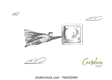 Condom concept. Hand drawn superhero with condom in his hand. Flying hero holds latex contraceptive isolated vector illustration.