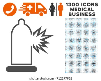 Condom Damage grey vector icon with 1300 clinic commercial symbols. Clipart style is flat bicolor light blue and gray pictograms.
