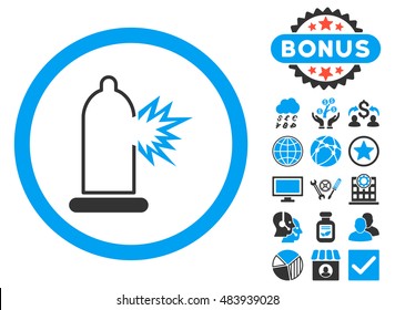 Condom Damage icon with bonus elements. Vector illustration style is flat iconic bicolor symbols, blue and gray colors, white background.