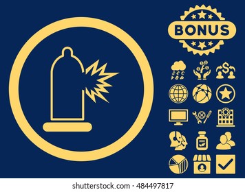 Condom Damage icon with bonus images. Vector illustration style is flat iconic symbols, yellow color, blue background.