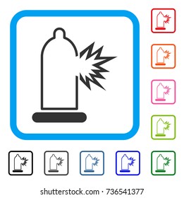 Condom Damage icon. Flat grey pictogram symbol in a light blue rounded rectangle. Black, gray, green, blue, red, orange color additional versions of Condom Damage vector.