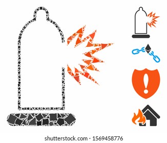 Condom damage icon mosaic of rough pieces in variable sizes and color tinges, based on condom damage icon. Vector humpy pieces are composed into collage.