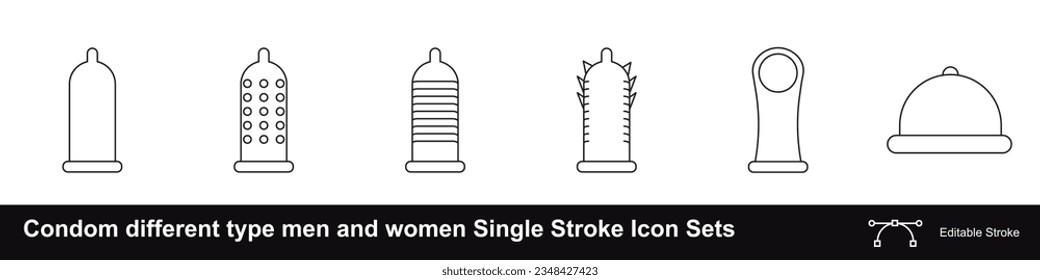 Condom different types men and women ribbed, dotted, flavored, thin, anatomy, latex editable stroke icons set