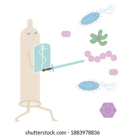 Condom with fire and sword protects against microorganisms. Vector stock illustration.