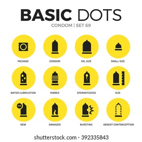 Condom flat icons set with package form, xxl size form and small size form isolated vector illustration on white