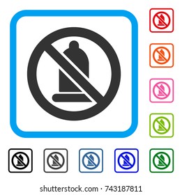 Condom Forbidden icon. Flat grey iconic symbol inside a light blue rounded square. Black, gray, green, blue, red, orange color versions of Condom Forbidden vector.