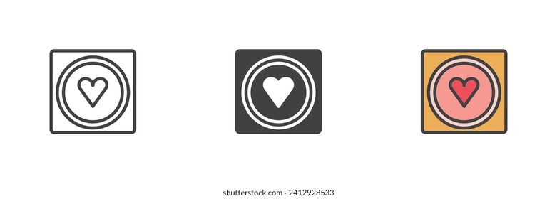 Condón con un conjunto de iconos de estilo diferente para el corazón. Línea, glifo y contorno relleno versión colorida, contorno y signo vectorial relleno. Símbolo, ilustración del logotipo. Gráficos vectoriales