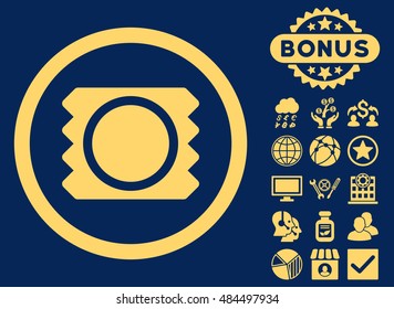 Condom icon with bonus pictogram. Vector illustration style is flat iconic symbols, yellow color, blue background.