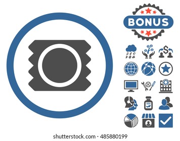 Condom icon with bonus pictogram. Vector illustration style is flat iconic bicolor symbols, cobalt and gray colors, white background.