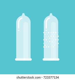 Icono de condón. Concepto de anticoncepción. Diferentes formas. Simple ilustración plana vectorial.