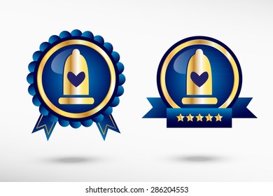 Condom icon stylish quality guarantee badges. Blue colorful promotional labels