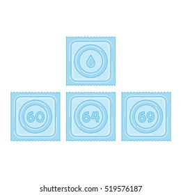 Condom with lubricant in package size 60, 64 and 69 illustration blue color and lubricant icon flat design isolated on white background