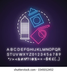 Condom neon light concept icon. Safe sex. Male contraception for intercourse. Birth control. Pregnancy prevention idea. Glowing sign with alphabet, numbers and symbols. Vector isolated illustration