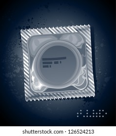 Condom on dirty grunge background. Vector illustration.