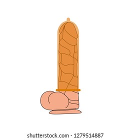 The condom is on the penis in the vector.The penis in the vector.Illustration of a dildo in a vector.The logo of the penis.