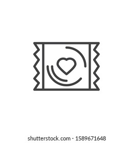 Condom pack with heart line icon. linear style sign for mobile concept and web design. Condom Wrapper outline vector icon. Safe sex symbol, logo illustration. Vector graphics