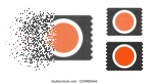 Condom pack icon in dissolving, pixelated halftone and undamaged entire variants. Pieces are organized into vector dissolving condom pack icon. Disappearing effect uses rectangle pixels.