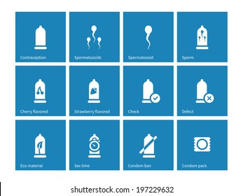 Condom pack icons on blue background. Vector illustration.