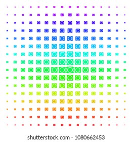 Condom Package icon spectral halftone pattern. Vector condom package shapes arranged into halftone grid with vertical spectrum gradient. Designed for backgrounds, covers and abstraction compositions.