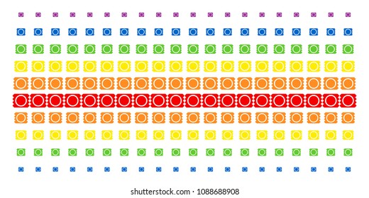 Condom Package icon spectral halftone pattern. Vector shapes organized into halftone grid with vertical rainbow colors gradient. Designed for backgrounds, covers, templates and abstract compositions.
