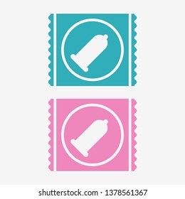 Condom package vector illustration in blue and pink color. Condom pack icon.