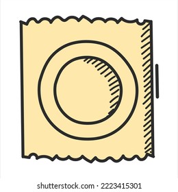 Condón en el vector del paquete aislado. Ilustración de un doodle de un embalaje de anticoncepción de látex. Concepto de control del embarazo y salud.